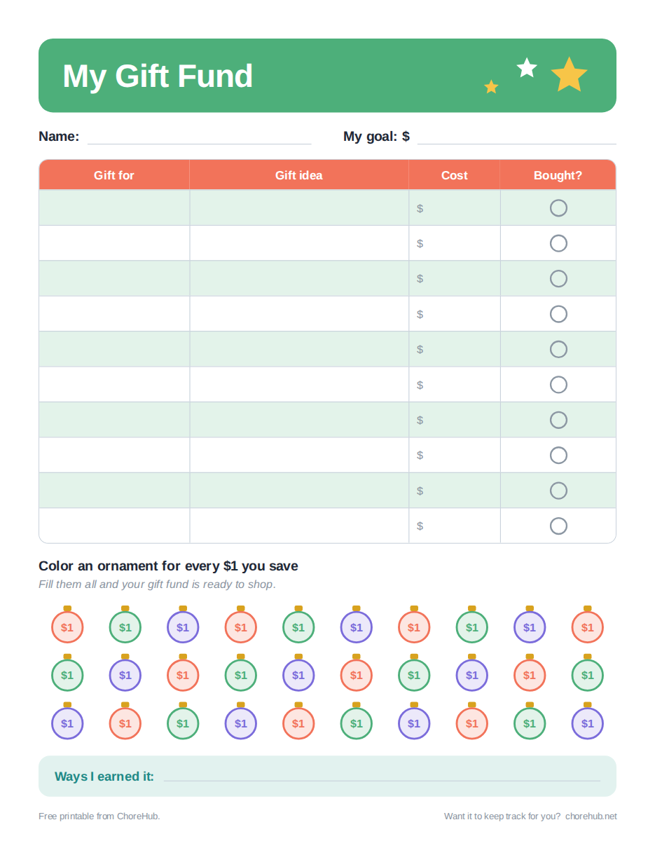 Gift fund tracker printable with a gift list, a savings goal and ornaments to color in for every dollar saved