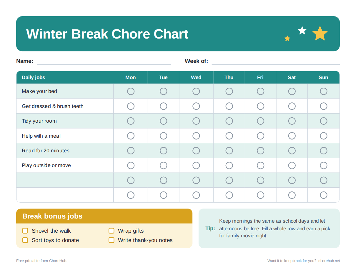 Winter break chore chart with daily jobs down the side and Monday to Sunday check-off circles